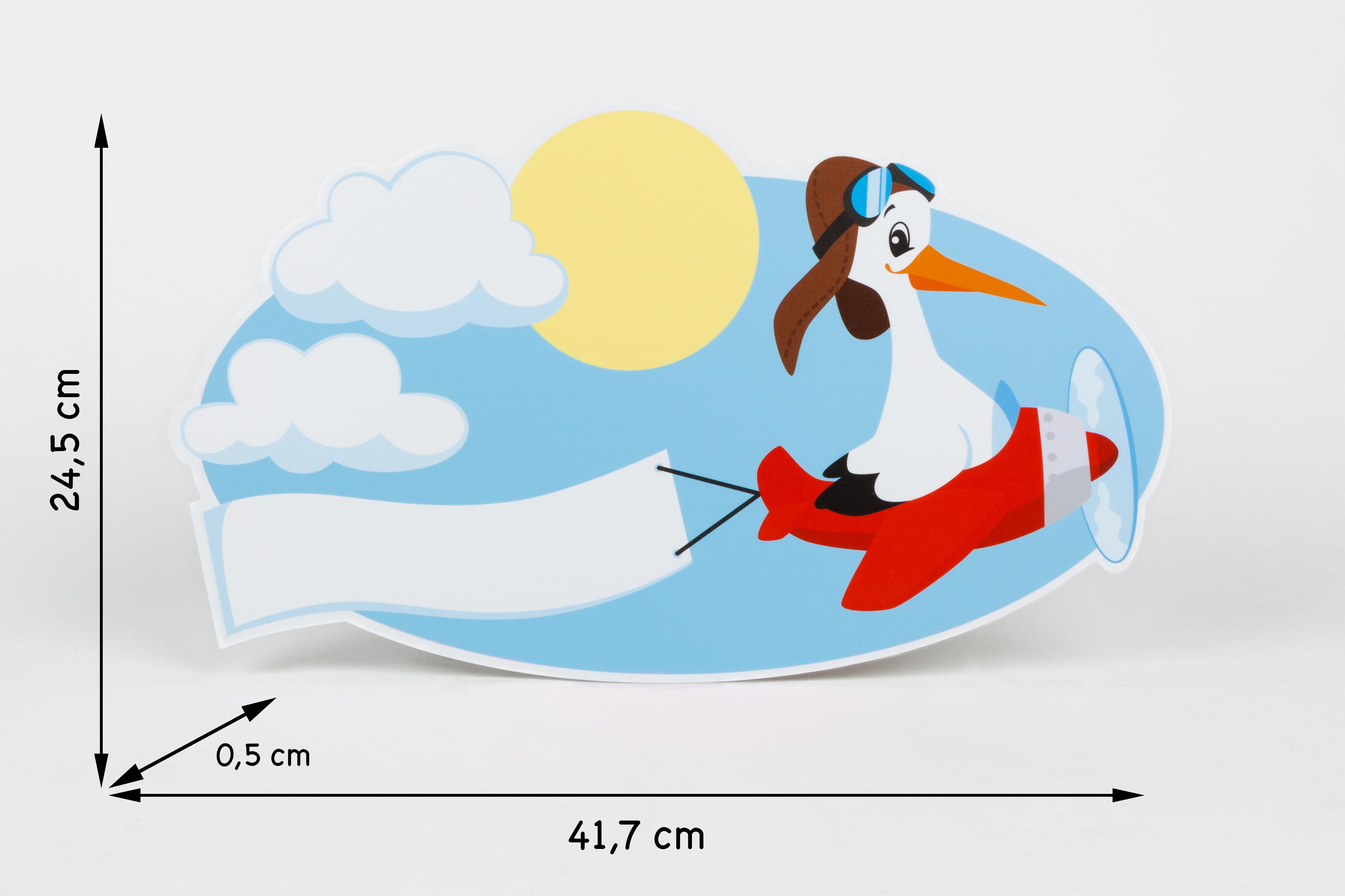 Klapperstorch Schild für das Neugeborene mit dem Motiv Storch im Flugzeug blau