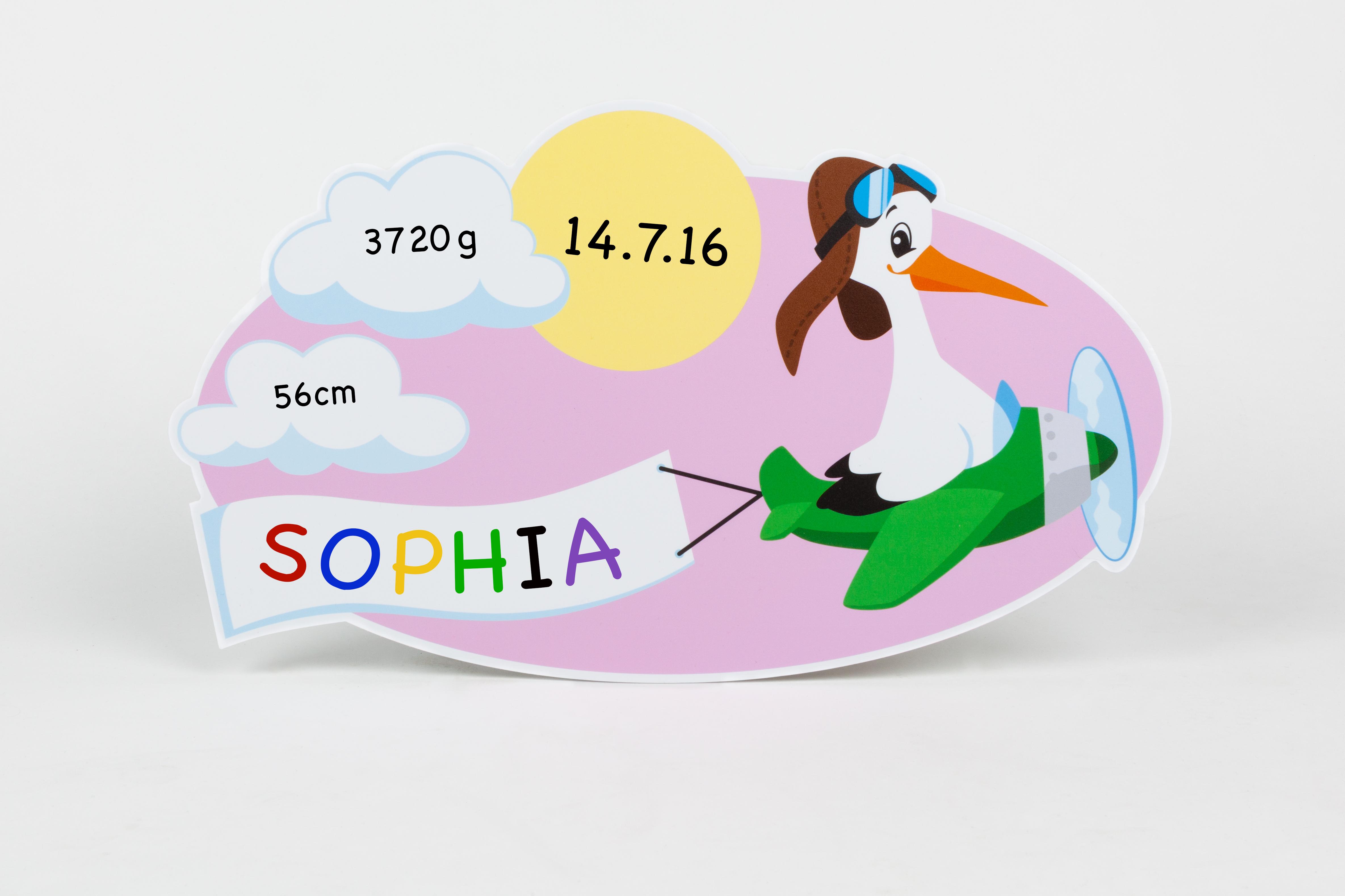 Klapperstorch Schild für das Neugeborene mit dem Motiv Storch im Flugzeug rosa