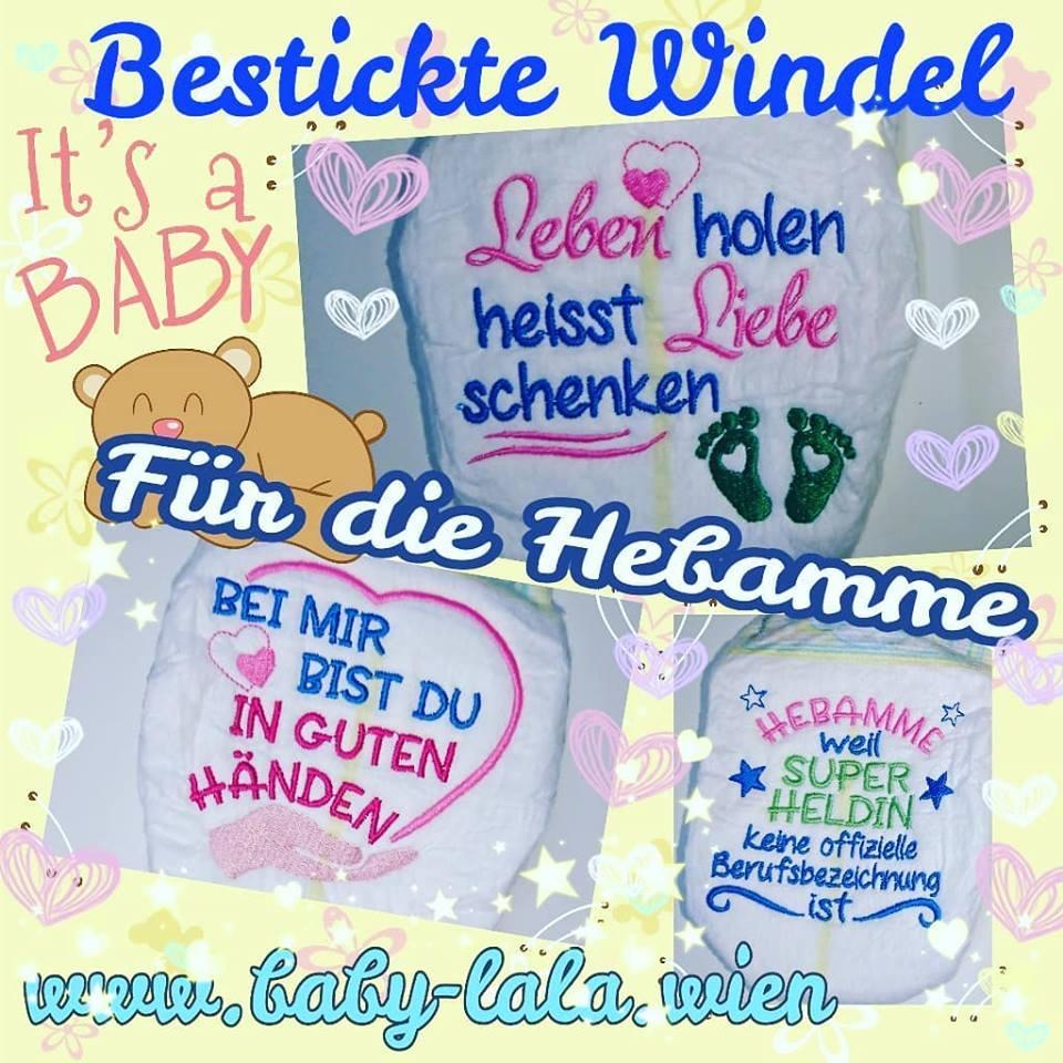 Bestickte Windel für die Hebamme